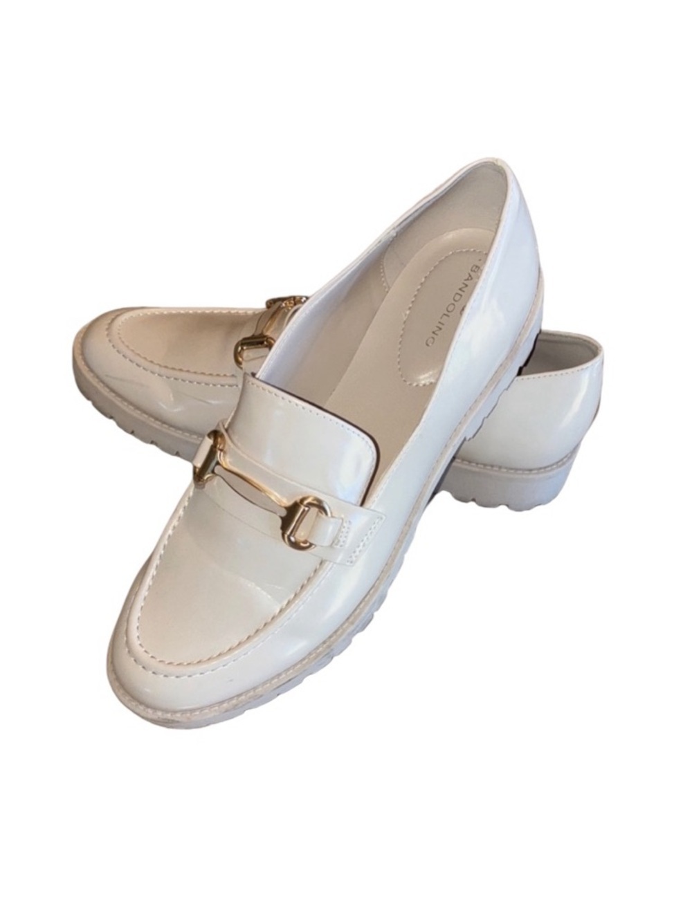 Bandolino Patent Leather Loafers women 10 Beige, Gold Horse Bit Buckle, Lug Sole